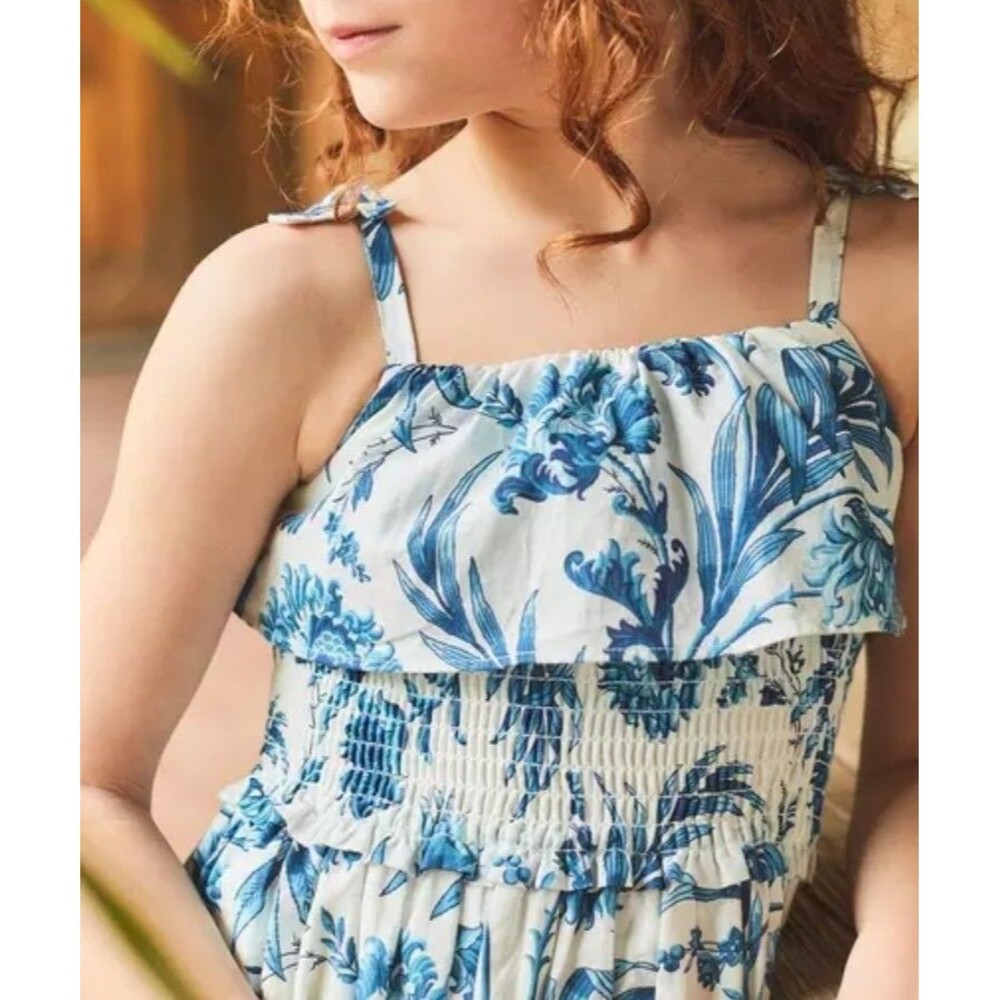 Janie and Jack Girls Dress Size 7 Blue Floral Midi Sundress Smocked Waist Cotton - Picture 2 of 11